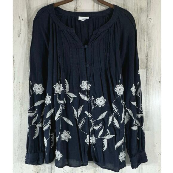 J.Jill Tops - J‎ Jill Gauzy Top Blouse Sz XL Black White Embroidery Covered Buttons Semi Sheer